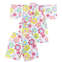 【人気商品】じんべい 甚平 2点セット 花柄 リップル 綿100％ キッズ 夏 100 110 女の子 120 130 夏祭り 夕涼み 子供服 パジャマ 紺 オフ [ごきげんめいと] 74056b 中国製(オフ 120)
