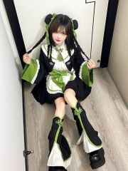中華風ロリータコスチューム　グリーン　ロリータ　ロリィタ　界隈　地雷系　チャイナ風　ワンピース　長袖　スカート　サブカル　服　ロリィタ　界隈　ロリータ　ぴえん系　女子　セット　安い　可愛い　ゴスロリ　渋谷　原宿　病みかわいい　夢かわいい　推し活　あざと可愛い