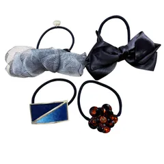 まとめ髪　リボン付き　ヘアゴム　ポニー 4種セット　グレー　ブラック　ブルー　ブラウン