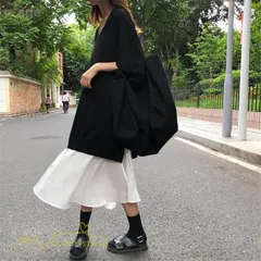 切り替えワンピース 半袖 ワンピース 黒白 フェイク2点 夏服 夏ワンピース Tシャツワンピース Aライン フレア 重ね着風 膝下丈 ミモレ丈 低身長 可愛い 無地大人