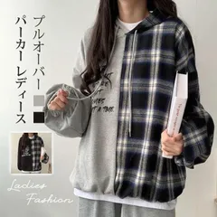 パーカー レディース プルオーバー プルオーバーパーカー フード付き 長袖 配色 切り替え チェック柄 トップス 秋物 カジュアル おしゃれ