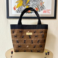 猫柄ミニトートバッグ 黒猫 音符ネコ ブラウン&ブラック 内ポケット&Dカン付き ハンドメイド レディース ハンドバッグ