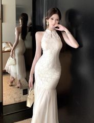 ホルターネック レース 花柄 ミディ丈ドレス キャバ ラウンジ 🧡ファッション💛ホルターネック レース 花柄 ミディ丈ドレス