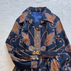 昭和レトロ ペイズリー柄 ベルト付き ワンピース ネイビー　上品デザイン　W1