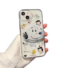 【iPhone13/iPhone14/iPhone15シリーズに対応】スヌーピー スマホケース マグネット搭載 透明 TPU MagSafe式 スマホリング付き クリアケース 磁力 ストラップホール スマホスタンド機能 黄ばみなし マグセーフ ワイアレス充 1