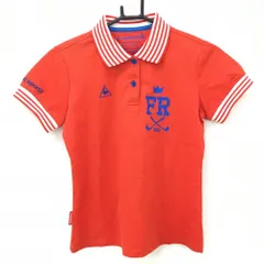 【美品】ルコックゴルフ 半袖ポロシャツ レッド×白 襟・袖口ボーダー ロゴブルー  レディース M ゴルフウェア le coq sportif