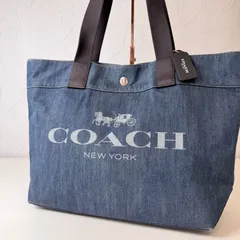 ✨B ランク   COACH　トートバッグ　Tote bag　デニム　キャンバス　レザー　ブルー　大容量　A4　ユニセックス　25902　「109EL」