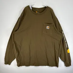 古着 カーハート Carhartt 長袖Tシャツ 大きいサイズ 肉厚 フェード クルーネック 胸ポケ ワンポイント ロゴ XL  カーキ 袖プリント メンズ