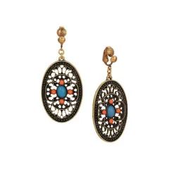 【送料無料】 1928 レディース ピアス・イヤリング アクセサリー 1928 Gold Tone Turquoise and Coral Enamel Filigree Oval Drop Clip-On Earrings Turquoise