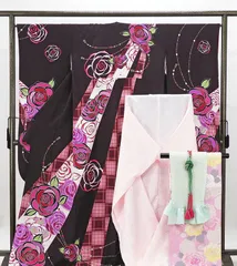 振袖 正絹 薔薇格子模様 5点セット 身丈168cm 裄丈66cm 袋帯 長襦袢 帯締め 帯揚げ 振袖セット リサイクル 中古 着物 e4091