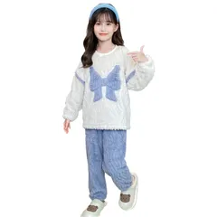 Size:140_Color:ブルー [Lhyxuuk] ルームウェア 女の子 パジャマ もこもこ あったか 上下セット 女児 ガールズ 長袖 部屋着 防寒 フレア可愛い 蝶結び デザイン 厚手 秋冬 裏起毛 暖かい 柔らかい 寝間着 3-15歳 110cm~