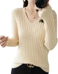 グリーンパキラ セーター レディース 秋冬 リブニット トップス vネックセーター 長袖 カットソー 春 オフィスカジュアル レディーストップス 女性 ブイネック(アプリコット,  M)