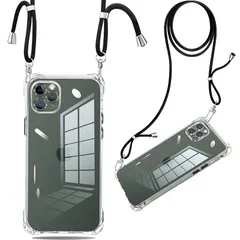 iPhone 11 Pro Max ケース クリア ショルダー 耐衝撃 ストラップ付き スマホケース アイフォン11 pro max カバー 透明 薄型 軽量 TPUスマホ シリコン 紐付き 斜めがけ 織りストラップ付き 肩掛け 調節可能なショルダー クロ 0