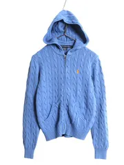 【お得なクーポン配布中!】 ラルフローレン コットン ケーブル ニット フード パーカー レディース L / 古着 ポロ スポーツ フルジップ セーター ワンポイント ブルー