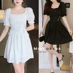 スクエアネック ミニワンピース無地パフ袖 。可   vii2z820501