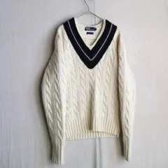 90s Polo Ralph Lauren チルデン ニット セーター / M ウール 生成り ブラック ブルー イエロー Vネック USA ビンテージ K4-11057-9660
