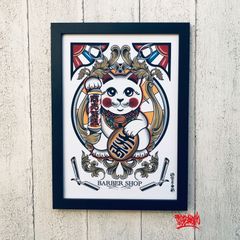 尾九 BARBER 画  招き猫 サインポール A4サイズ フレーム付き