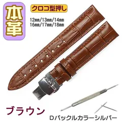 時計ベルト 本革 クロコ型押しＤバックル ブラウン/シルバー バネ棒交換工具付