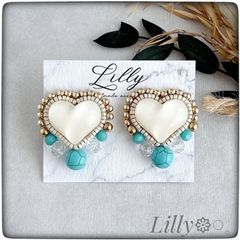 #722ハート/ビーズ刺繍/ターコイズ/大ぶり/ゴールド/春夏/ハンドメイド