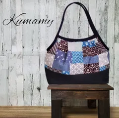 受注製作　北欧調　パッチワークプリント(ブルー/インディゴデニム)　グラニーバッグL