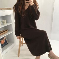レディース 秋　冬 ニットワンピ　ロングワンピース　無地　シンプル　Vネック 32a