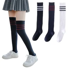 【新品】 [VNGOLERRY] ニーハイソックス 靴下 女の子 キッズ 子供 学生 フォーマル 小学生 中学生 ストライプ ロングソックス  白 紺 膝上 無地系 学院風 幼稚園 36cm 42cm 48cm (S, ネイビー)