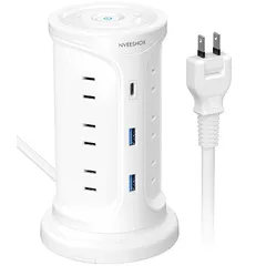 NVEESHOX 電源タップ Type-C付き 延長コード タワー 伸縮固定パーツ付 コンセント usb付 雷ガード 3層 12個AC口 3個USBポート たこ足配線 テーブルタップ OAタップ マルチタップ 机の下 壁掛け 安全保護機能 自宅用 会社用  1