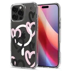 Spigen iPhone 16 Pro Max ケース MagSafe対応 クリア ストラップホール 米軍MIL規格 ウルトラ・ハイブリッド・マグフィット ACS08272 (ハート・ブラック・ピンク)