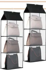 【特価商品】bag カゴバッグ organizer クリアバッグ トートバッグ ハンドバッグ ラック ラック 吊り下げ 吊り下げ 収納 かばん ハンガーラック cabinet 折り畳み 吊り下げ収納 鞄 2個セット) 黒 (3段 クローゼット ハンガー バッグ