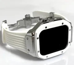 ホワイト　アップルウォッチバンド ラバーベルト ステンレス カバー　Apple Watch ケース 44mm 45mm 4 5 6 7 8 se メンズ レディース スポーツ