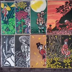 滝平二郎　色紙 滝平二郎「きりえ」色紙 カラー6枚、モノクロ2枚 計8枚 秋の景色