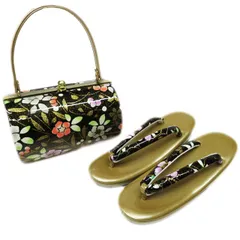 バッグ 草履 ２点セット 和装小物 新品 箱付き 24ｃｍ Lサイズ 花模様 黒色 金色 きもの北條 A1071-5