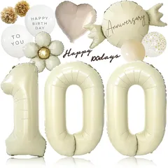 【新品】 deerzon くすみホワイト 100日 飾り 百日祝い 100日祝い 100days くすみ 数字 バルーン 誕生日 飾り付け 13点 セット 大きい ナンバーバルーン 0