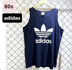 80s USA製 アディダス 両面トレフォイル タンクトップ ノースリーブ　万国旗タグ シングルステッチ　80年代　古着　ヴィンテージ　メンズ　ファッション 紺　L