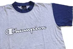 90s イタリア製 Championチャンピオン スクリプト ビッグロゴ ツートン 切り替え Tシャツ 杢グレー×杢ネイビー M★オールド ユーロ