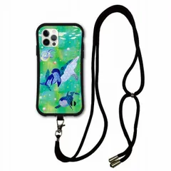 [iPhone15 Plus] スマホショルダー付 iPhone14 i-coronケース アイフォン15 14 Plus 13 Mini 12 11 スマホケース カバー ショルダーストラップ 肩掛け 斜め掛け アニマル柄 イルカ 親子 仲良し グリーン