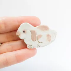 ミルクティー色・可愛いロップイヤーうさぎのブローチ　動物モチーフ　ウサギ(オーブン粘土・陶土)ハンドメイド