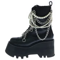 JUNYA WATANABE COMME des GARCONS (ジュンヤワタナベ コムデギャルソン) パールチェーン付き ボリュームソール プラットフォームシューズ ハイカットレザーブーツ レディース ブラック