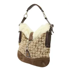 COACH コーチ バッグ ベージュ ブラウン | ファー付き シグネチャー ショルダーバッグ / ワンハンドル | 肩掛け キャンバス レザー スエード | ブランド カバン【レディース】【中古】