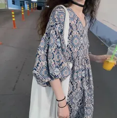 ワンピース ドレス レディース ドレス ロング 7分袖 ボリューム袖 ティアードスリーブ Vネック 襟なし Aライン ドレープ フェミニン シフォン かわいい 大人可愛い 上品 おしゃれ レトロ ガーリー ルーズ 個性的 主役級 存在感 花柄 夏 ママ マタニ