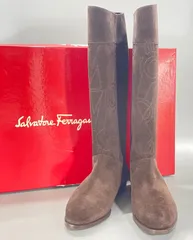 【超美品】フェラガモ Salvatore Ferragamo NINFA ロングブーツ ステッチデザイン スエード ブラウン 箱付 22cm (4 1/2 C) メ164
