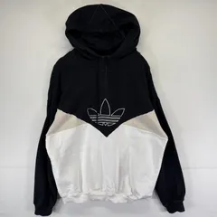 古着 アディダス adidas パーカー ハーフジップ スウェット トレフォイルロゴ刺繍 フーディ M  ブラック メンズ