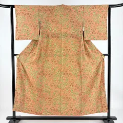 小紋 身丈152cm 裄丈61.5cm S 袷 花唐草 幾何学 オレンジ 正絹 優品 【中古】