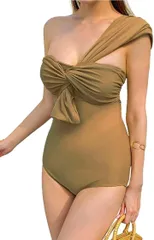 ISLAYCAOLILA ワンピース 水着 ワンショルダー ベアトップ スイムドレス オフショルダー ギャザー パッド入り ワイヤーなし ビーチ レディース DG7 ブラウン( ブラウン,  M)