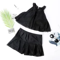 ☆ ブラック ☆ M ☆ 水着 レディース 体型カバー水着 水着 レディース ビキニ スカート レース フレアースカート タンキニ スイムウェア セパレート ハイネック トップス おしゃれ オシャレ パッド付 体型カバー ハイウエスト 大人 女子