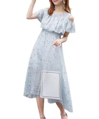 [Four leaf] 肩出しワンピース 小花柄 清楚ワンピ 涼感ドレス 軽やか素材 リゾートコーデ 夏デート服 ウエストゴム仕様 Aライン ビーチリゾート ミモレ丈 (JP, アルファベット, M, ブルー) [ブルー] [M]