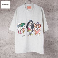 新品 CORISCO コリスコ 犬 プリント Tシャツ 半袖 メンズ レディース ユニセックス かわいい アニマル プリント カットソー 子犬 dog ３匹 バックプリント Tシャツ tee M L LL  オートミール きなり キナリ  181927
