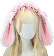 Ｕｃｃｅｌｌｉｎｏ うさ耳 カチューシャ たれ耳 コスプレ ヘッドドレス うさぎ リボンレース ゴスロリ 髪飾り 白xピンク( ホワイト/ピンク)