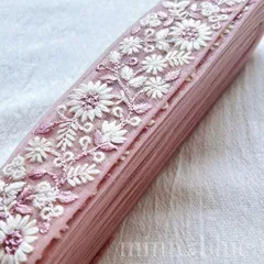 インド刺繍リボン ピンクベージュ くすみカラー 花柄 チュール 4.5cm×1m