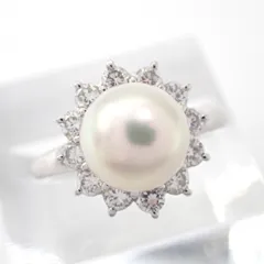新品仕上げ済 TASAKI 0.54ct ダイヤ 8.5mm パール 真珠 本真珠 ダイヤモンド リング フラワーモチーフ 太陽 指輪 ジュエリー 田崎真珠 タサキ 4166